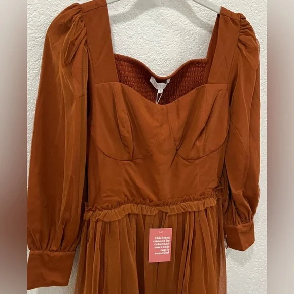 Ivy City Co. Dress NWT S Florence Midi Rust Tulle Sweatheart Smocked Puff Sleeve - Picture 4 of 10